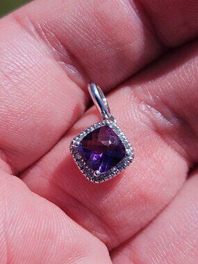 10K White Gold Diamond Halo Amethyst Pendant Charm 9x9mm